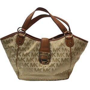 Michael Kors Monogram Jacquard Shoulder Bag Beige Tan Leather Gold Hardware Tote